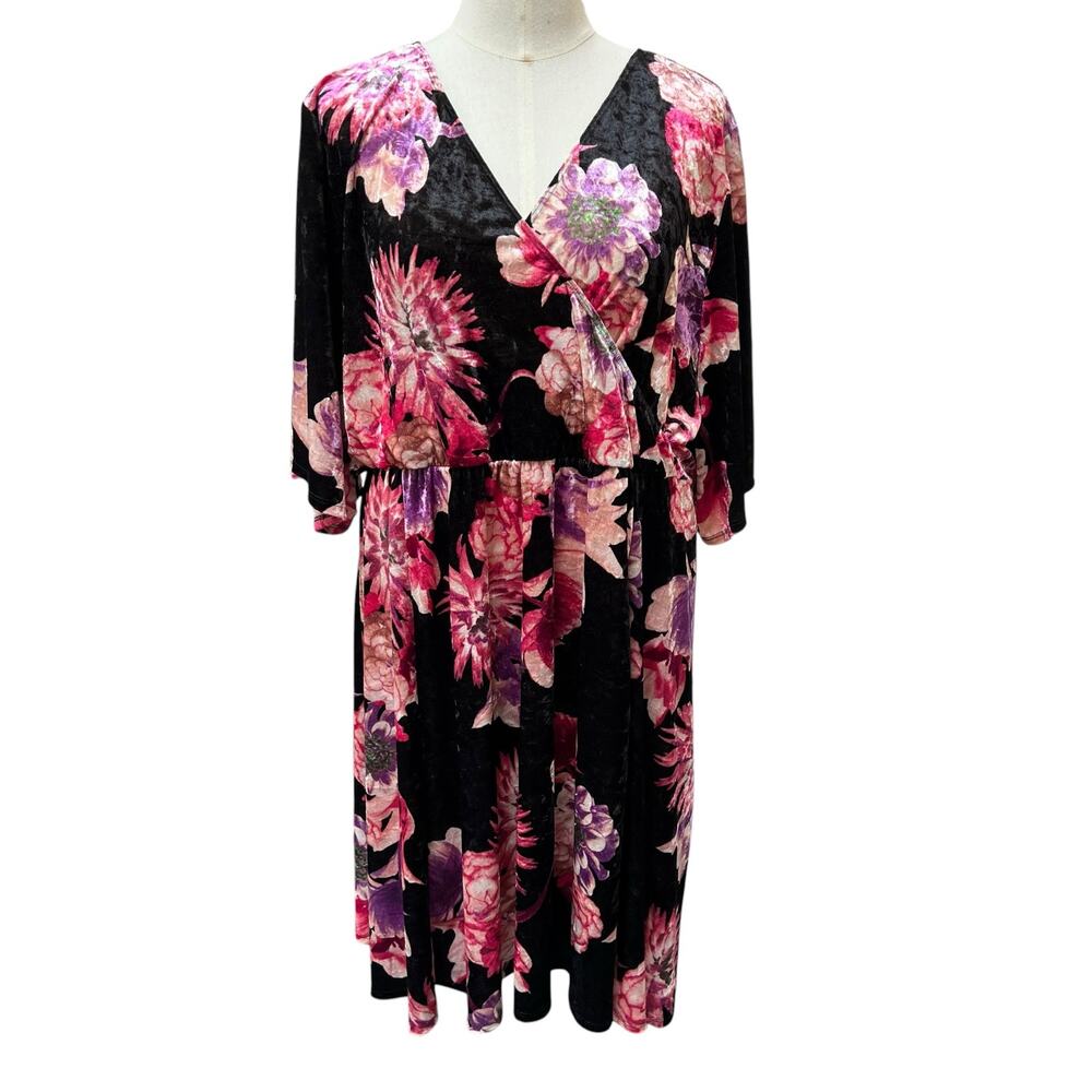 Kiyonna 5X Black Pink Floral Velvet Faux Wrap Midi Dress Plus Size